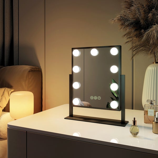 EMKE Hollywood Spiegel Schminkspiegel mit Beleuchtung 9 Dimmbaren LED-Leuchtmitteln  360° Drehbar Kosmetikspiegel mit 3 Lichtfarben 7x Vergrößerung Touch-Steurung,Schwarz,25 X 30 CM
