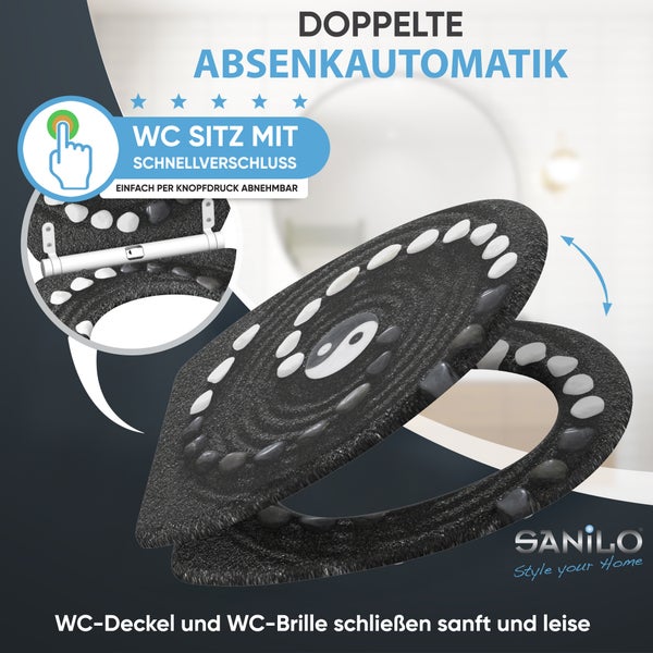 Sanilo WC-Sitz mit Yin-Yang-Motiv und Stein-Optik, doppelte Absenkautomatik und Schnellverschluss per Knopfdruck.