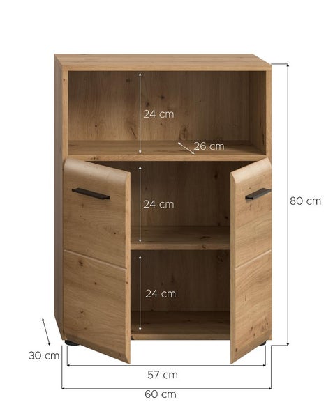 Holzschrank mit offenem Fach und zwei Türen, Abmessungen: Höhe 80 Zentimeter, Breite 60 Zentimeter, Tiefe 30 Zentimeter.