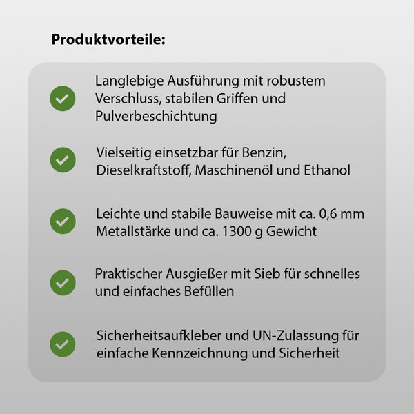 Infografik mit Produktvorteilen eines Metallkanisters wie Langlebigkeit, Materialstärke von 0,6 Millimeter, UN-Zulassung und integrierter Ausgießer.