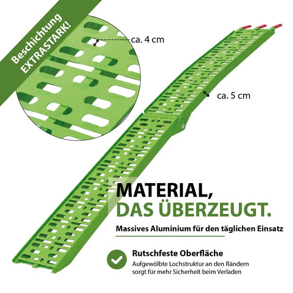 Auffahrrampe aus Aluminium mit rutschfester Lochstruktur und stabiler Beschichtung für den sicheren Verladevorgang.
