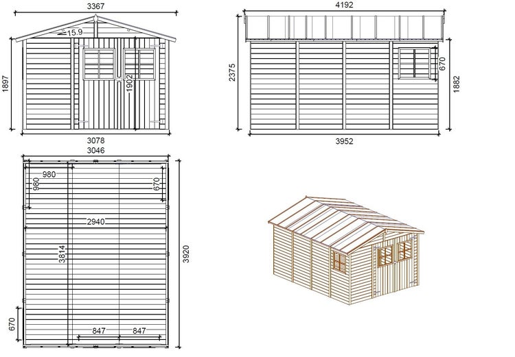 Gartenhaus, Gerätehaus 11,95m2 - 3,05x3,92m