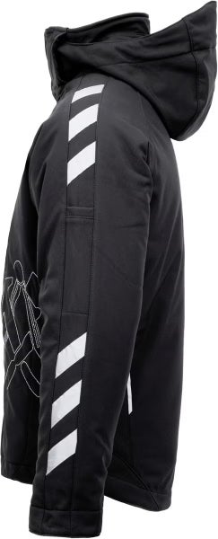 Schwarze Hornbach Arbeitsjacke mit Kapuze und reflektierenden Streifen am Ärmel, Seitenansicht.
