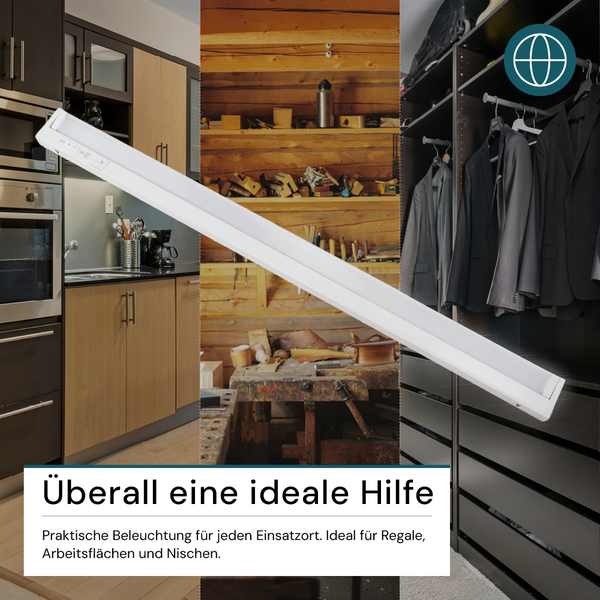 LED-Unterbauleuchte in Küche, Werkstatt und Kleiderschrank zur Beleuchtung von Regalen und Arbeitsflächen.