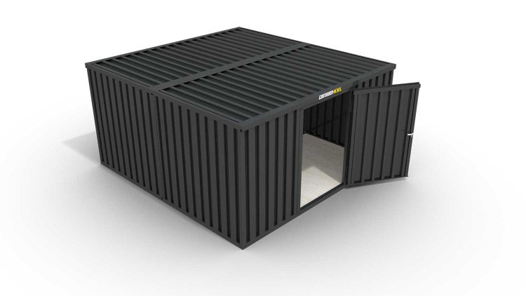Lagercontainer Gerätehaus XL2  – 21 qm, H2150 x B5080 x T4340 mm, Außenwandlackierung anthrazit, Dach außen verzinkt, mit Holzfußboden, 1270 mm Einflügeltür mittig in Breitseite, montiert