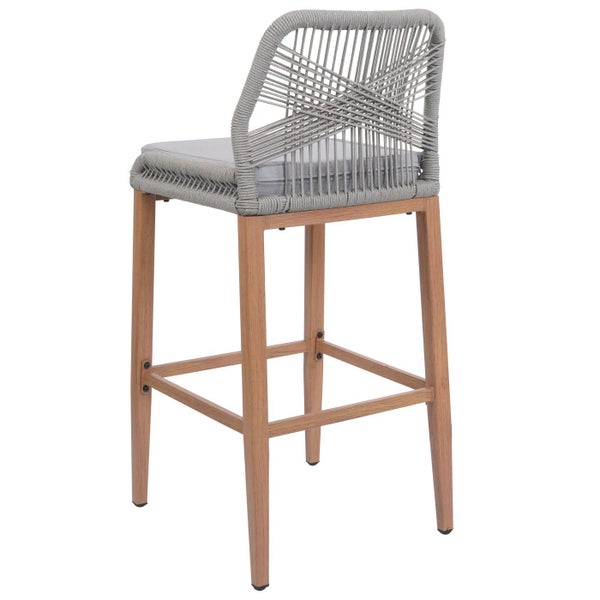 Barstuhl mit Holzbeinen und geflochtener Rückenlehne