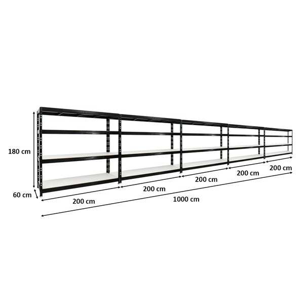 PROREGAL Mega Deal 5x Profi Schwerlastregal Rhino HxBxT 180 x 200 x 60 cm 4 Melamin-Ebenen 16mm Fachlast 500 kg Schwarz