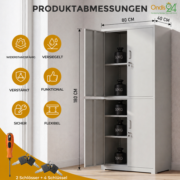 Ondis24 Metallschrank mit zwei Schlössern und vier Schlüsseln. Maße: 180 Zentimeter Höhe, 80 Zentimeter Breite, 40 Zentimeter Tiefe. Traglast 50 Kilogramm pro Boden.