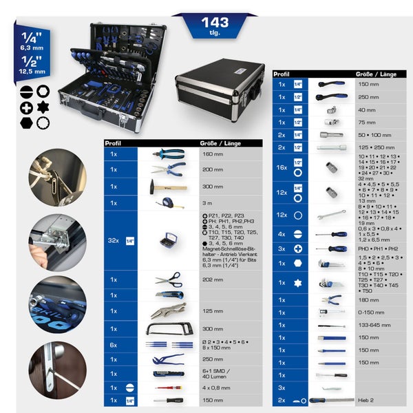 Werkzeugkoffer mit 143-teiligem Werkzeugsortiment inklusive Zangen, Hammer, Schraubenschlüssel, Schraubendreher, Bits, Messer, Säge und Messwerkzeug