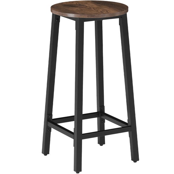 Barhocker mit rundem Sitz in Holzoptik und schwarzem Metallgestell inklusive Fußstütze.
