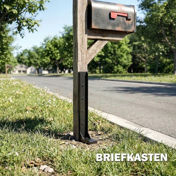 Briefkasten aus Metall auf einem Holzpfosten mit schwarzer Bodenhalterung in einer hellen Außenanlage mit Straße und Bäumen.