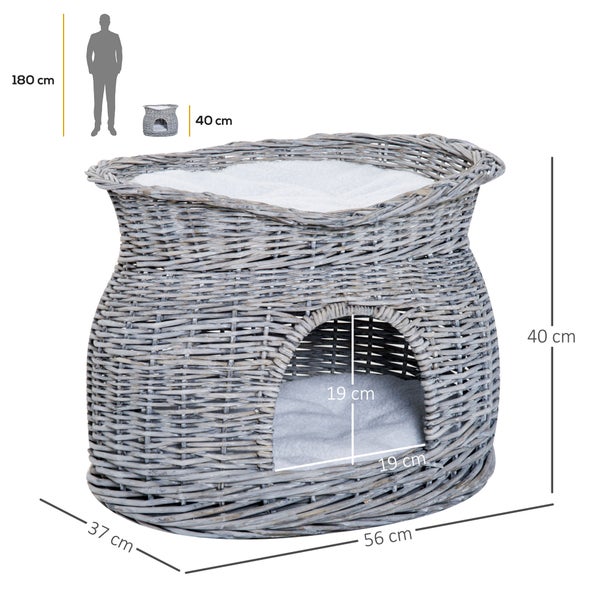 PawHut Rattan Weidenkorb für Katzen Katzenhütte mit 2 weichen Liegekissen Katzenkorb Haustierbett aus Wasserhyazinthe für Wohnzimmer Grau 56 x 37 x 40 cm