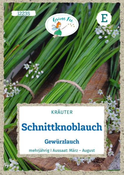 Samentüte für Schnittknoblauch, Gewürzlauch, Grüne Fee Logo, mehrjährige Kräuter, Aussaat zwischen März und August.