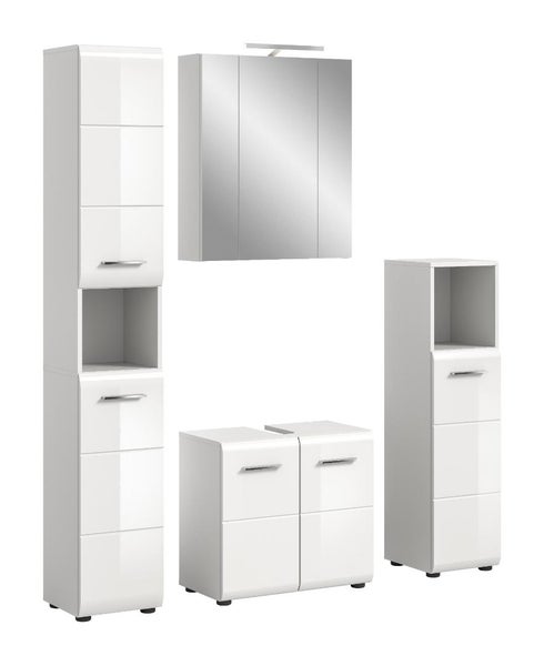 Modernes Badezimmermöbel-Set in Weiß, bestehend aus Hochschrank, Spiegelschrank mit Beleuchtung, Waschtischunterschrank und Beischrank.