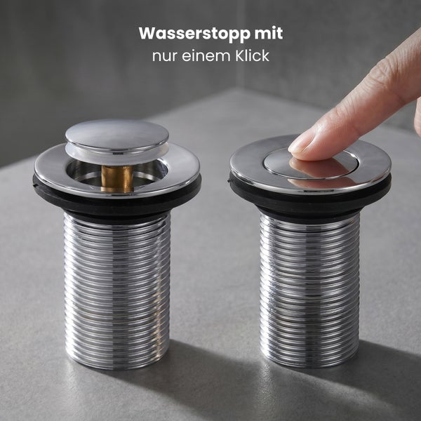 Ablaufventil mit Push-Open-Funktion, verchromt, Ansicht im geöffneten und geschlossenen Zustand durch Fingerdruck.