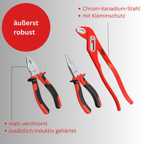 Kombinationszange, Seitenschneider und Wasserpumpenzange aus Chrom-Vanadium-Stahl