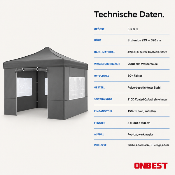 Grauer ONBEST Faltpavillon 3 mal 3 Meter mit technischen Daten zu Material, Wassersäule und Ultraviolett-Schutz. ONBEST Logo.