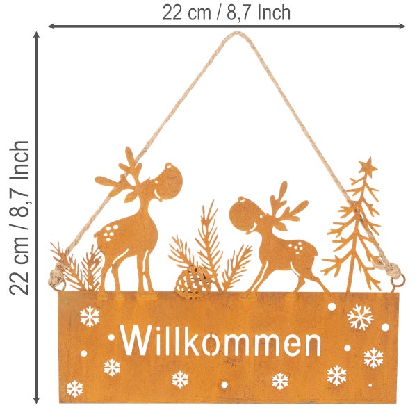 Rostiges Metallschild Willkommen mit Rentieren und Tannenbaum, 22 mal 22 Zentimeter.
