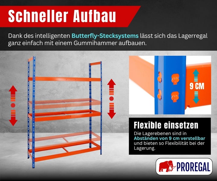 Lagerregal mit Butterfly-Stecksystem zur schnellen Montage, Fachböden in 9-Zentimeter-Schritten höhenverstellbar, PROREGAL Logo.