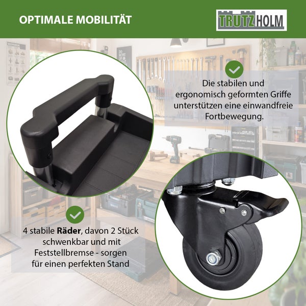 Trutzholm Werkzeugwagen Detailansicht mit ergonomischem Griff und vier stabilen Rädern, davon zwei lenkbar mit Feststellbremse für sicheren Stand.