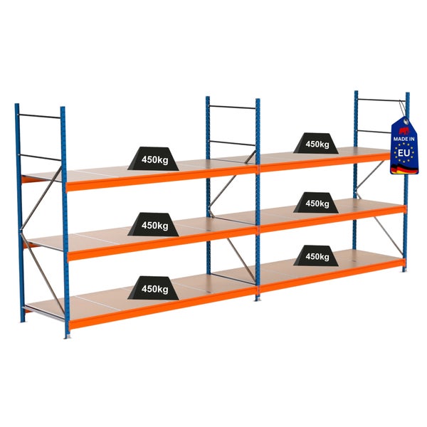 Lagerregal mit mehreren Ebenen und einer Traglast von 450 Kilogramm pro Ebene