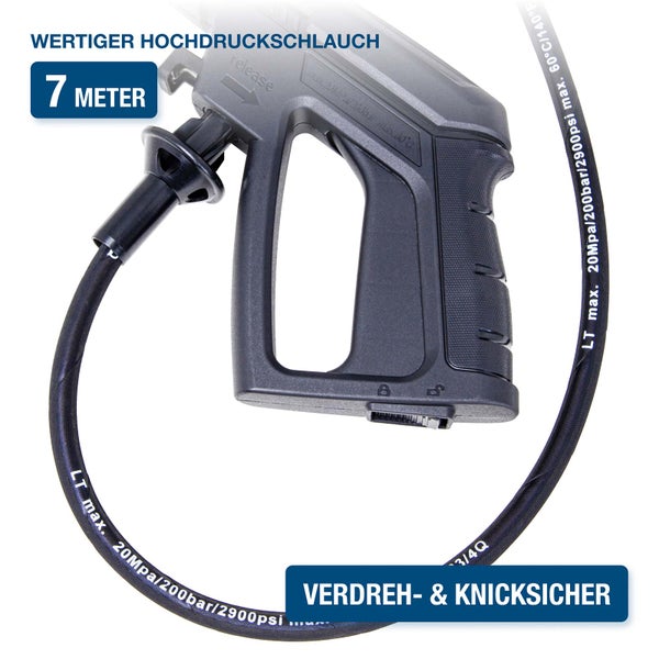 Hochdruckpistole mit 7 Meter langem, verdreh- und knicksicherem Hochdruckschlauch für Hochdruckreiniger, belastbar bis 200 Bar.