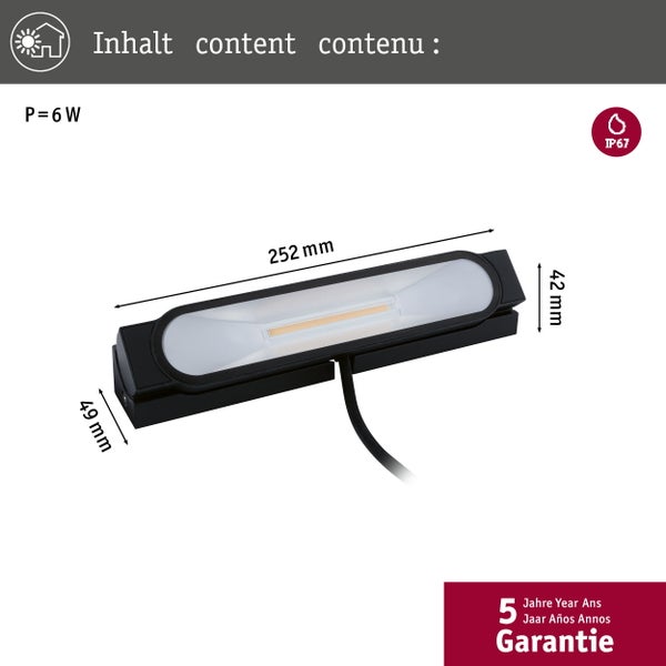LED-Außenleuchte mit 6 Watt Leistung, staubdicht und wasserfest nach IP 67, Maße 252 mal 49 mal 42 Millimeter, 5 Jahre Garantie.