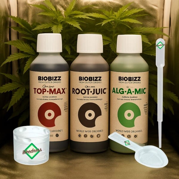 Biobizz Düngerset Top-Max, Root-Juice und Alg-A-Mic mit Messbecher, Pipette und Messlöffel für die Pflanzenpflege.