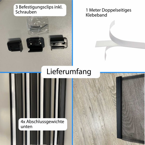 Lieferumfang eines Insektenschutzrollos mit Befestigungsclips, Schrauben, doppelseitigem Klebeband und Abschlussgewichten.