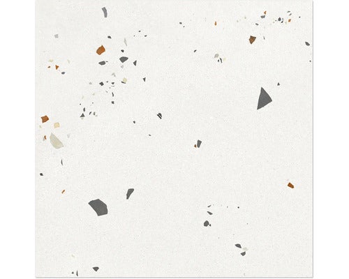 Quadratische Feinsteinzeugfliese in Terrazzo-Optik mit bunten Steineinschlüssen.