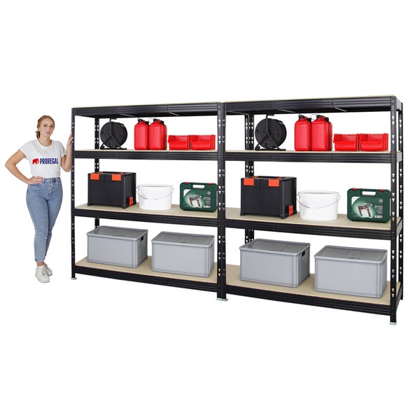 PROREGAL Mega Deal 2x Profi Schwerlastregal Rhino HxBxT 180 x 160 x 60 cm 4 Spanplatten-Ebenen 16mm Fachlast 500 kg Schwarz