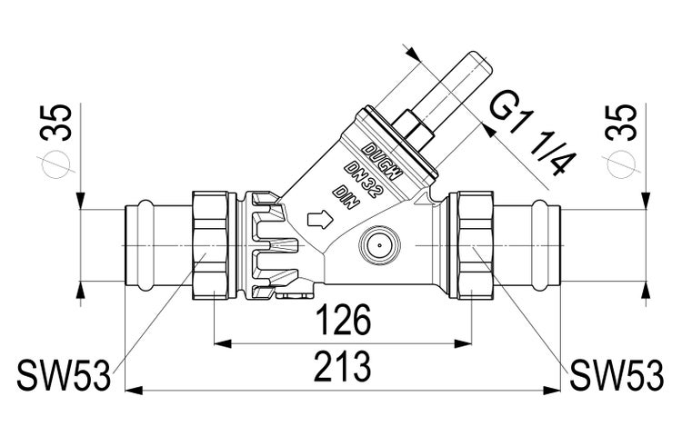 Maßzeichnung eines Schrägsitzventils Nenndurchmesser 32, zertifiziert für Trinkwasser, Gesamtlänge 213 Millimeter und Anschlussmaß 35 Millimeter.