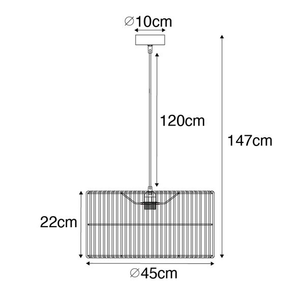 Technische Zeichnung einer Pendelleuchte mit den Maßen 45 Zentimeter Durchmesser, 22 Zentimeter Höhe und 147 Zentimeter Gesamthöhe.