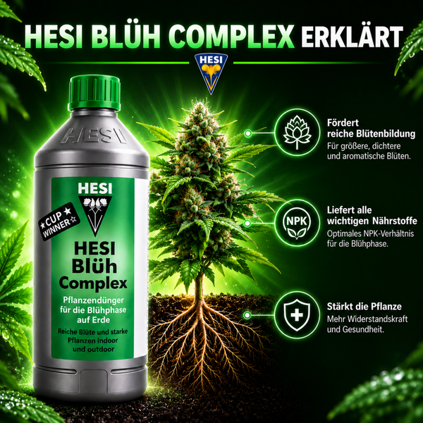 Hesi Blüh Complex Pflanzendünger für die Blühphase auf Erde mit Informationen zu Nährstoffen und Pflanzenstärkung.