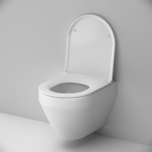 Wand-WC aus Keramik mit geöffnetem WC-Sitz und Deckel.