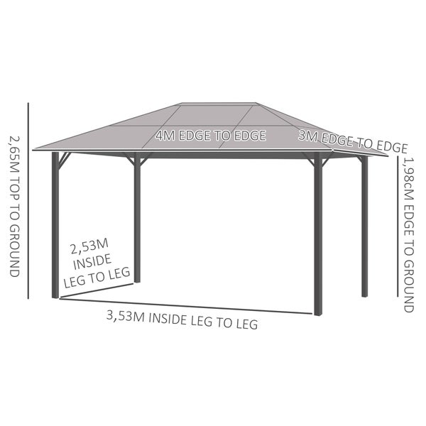 Outsunny Pavillon, 4 x 3m Gartenpavillon, 300L x 400B x 265H cm, PC, Alu, Dunkelgrau