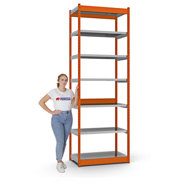 PROREGAL Fachbodenregal Stecksystem Vierkant-Profil Grundregal HxBxT 300 x 102,5 x 50 cm 7 Ebenen Einseitige Bauart Fachlast 200 kg Orange