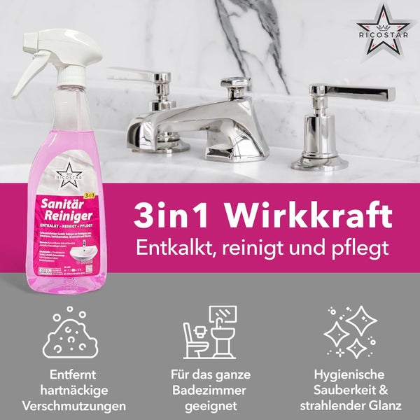 Ricostar Sanitärreiniger 500 ml – 3in1 Badreiniger für hygienische Sauberkeit – Kalkreiniger ideal für Sanitärporzellan, Amaturen, Chromstahl & Fliesen – Badreiniger-Spray gegen Kalk & Schmutz