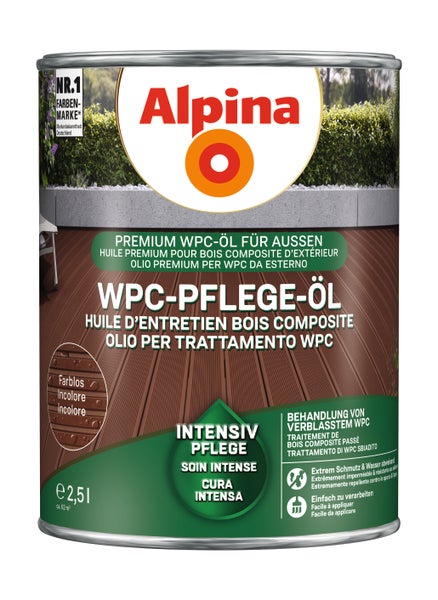 Alpina WPC-Pflege-Öl für außen, farblos, 2,5 Liter, reicht für circa 62 Quadratmeter, intensive Pflege, schmutzabweisend, Alpina Logo.