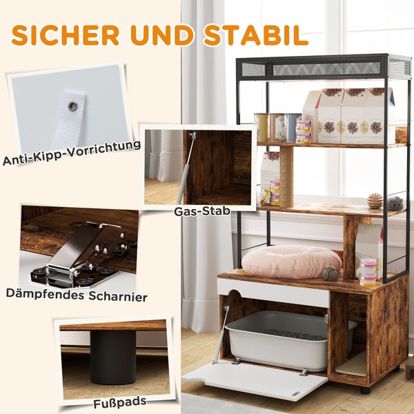 PawHut 2-in-1 Katzenklo Schrank, Katzenklo mit 3-Ebenen-Regal, Kratzpfosten, Klapptür, Katzenhaus für Katze unter 6 kg, 80 x 48 x 152 cm, Rustikal-Braun