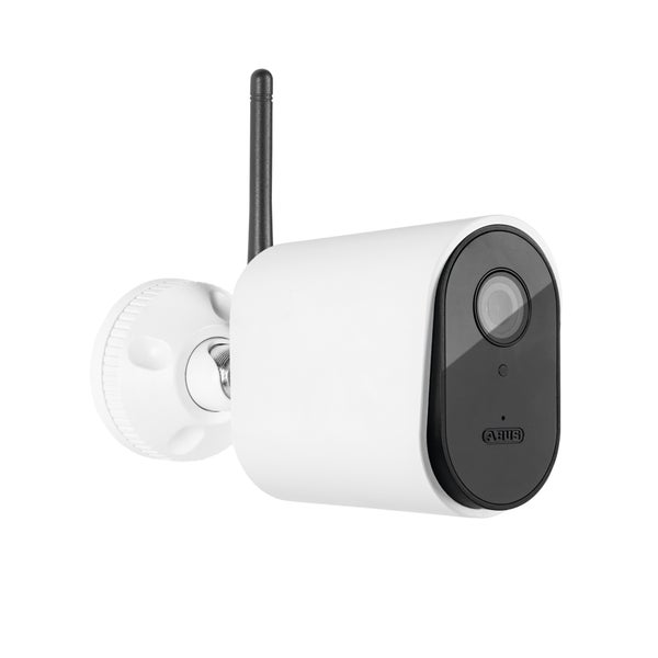 ABUS drahtlose Überwachungskamera in Weiß und Schwarz mit Antenne und Wandhalterung.