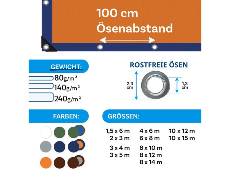 FLOORDIREKT Abdeckplane - Wasserdichte Plane - mit Ösen - Schutzplane - 80 g/m² - 8 x 14 m - Blau-Orange
