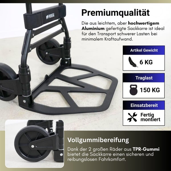 Sackkarre aus Aluminium mit Proregal Logo, Traglast 150 Kilogramm, Eigengewicht 6 Kilogramm, fertig montiert mit Vollgummibereifung aus Gummi.