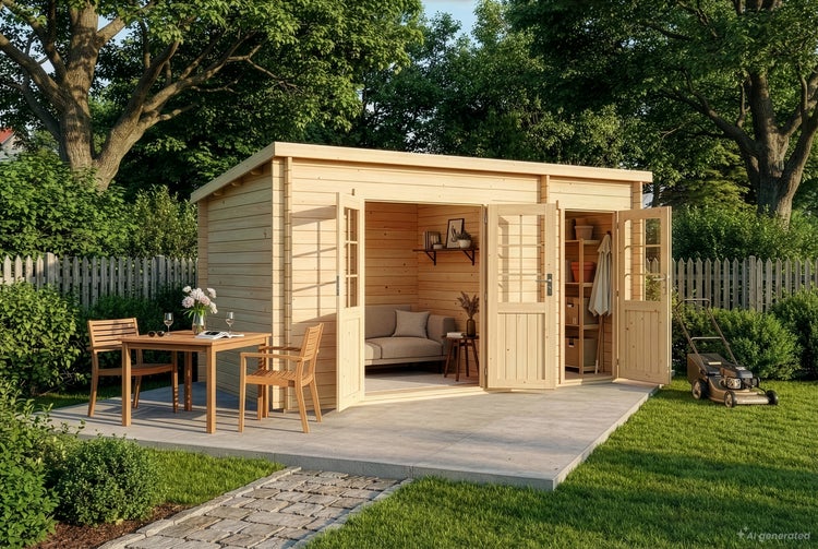 Gartenhaus aus Holz mit Pultdach und weit geöffneten Türen auf einer Terrasse, eingerichtet mit Sofa und Regal, davor ein Holztisch mit Stühlen.