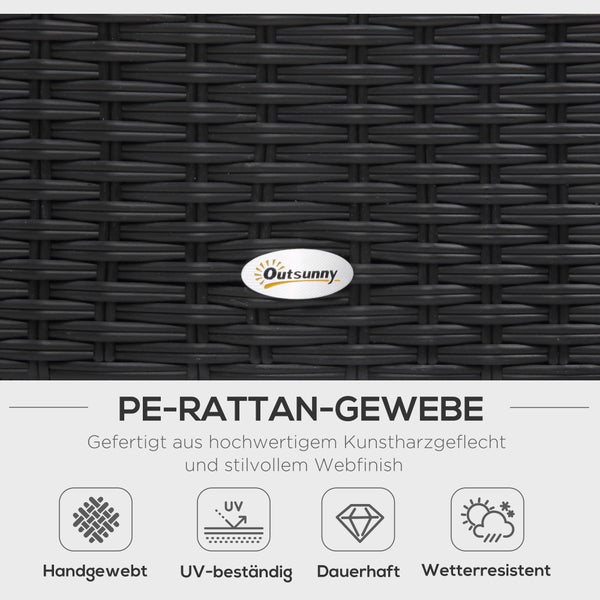 Nahaufnahme von Polyethylen-Rattan mit Outsunny Logo und Symbolen für handgewebt, ultraviolettbeständig, dauerhaft und wetterresistent.