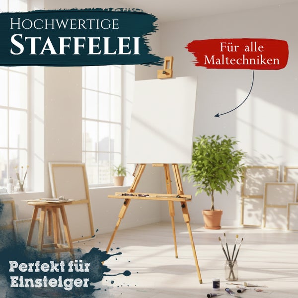 Holz Staffelei in einem hellen Atelier mit Leinwand, Hocker und Malutensilien für verschiedene Maltechniken und Einsteiger geeignet.