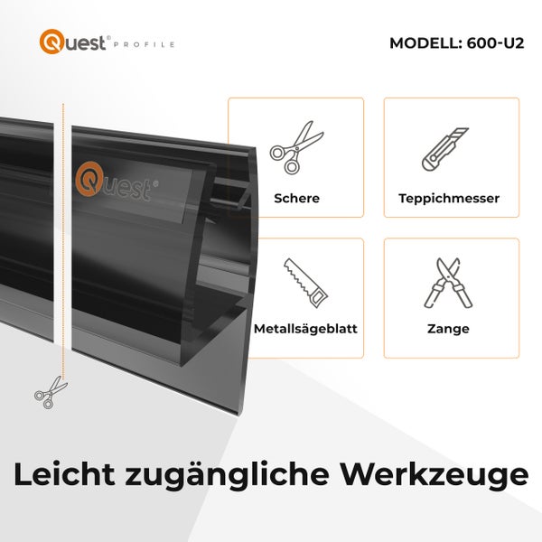 Quest Profile Modell 600-U2 Abschlussleiste mit Piktogrammen für benötigte Werkzeuge wie Schere Teppichmesser Metallsägeblatt und Zange