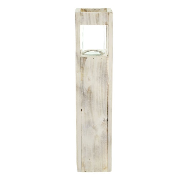FRANK FLECHTWAREN | Windlichtsäule Shabby-Charme, groß, HOLZ, 15 x 15 x 70 cm, Glas Ø 10 x 15 cm, ohne Kerze