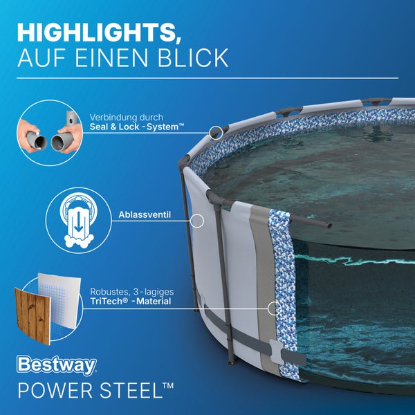 Bestway Power Steel Aufstellpool mit Seal und Lock System, Ablassventil und dreilagigem TriTech Material. Bestway Logo.