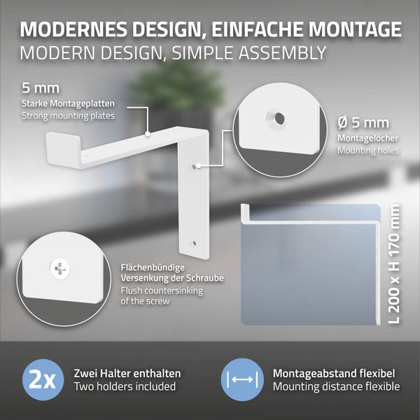 ML-Design 2 Stück Regalhalterung, 20x4x14,5 cm, Weiß, Metall, 8 Zoll Regalhalterungen, Industrielle Regalwinkel, Regalträger für Wandmontage, 90 Grad Wandhalterung, L-Form Wandregal, inkl. Schrauben